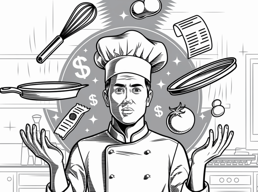 Line art drawing of a chef juggling cooking tools and a dollar sign