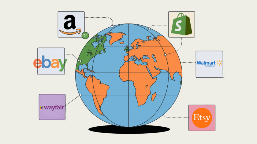 A globe with e-commerce platform icons and location pins, representing nexus and multi-platform selling.