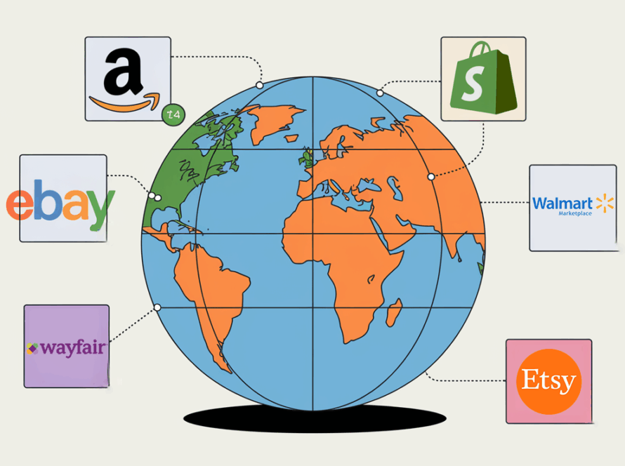 A globe with e-commerce platform icons and location pins, representing nexus and multi-platform selling.