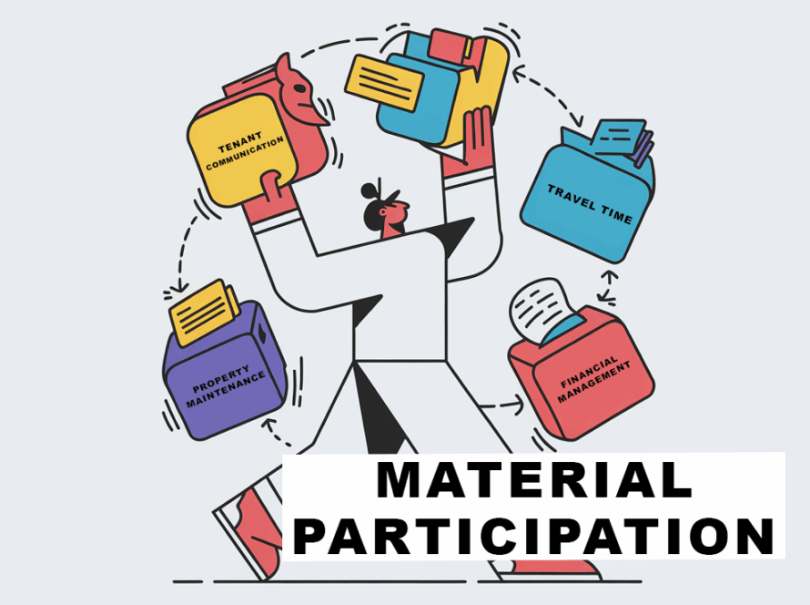 A stylized figure juggling tasks related to real estate management.