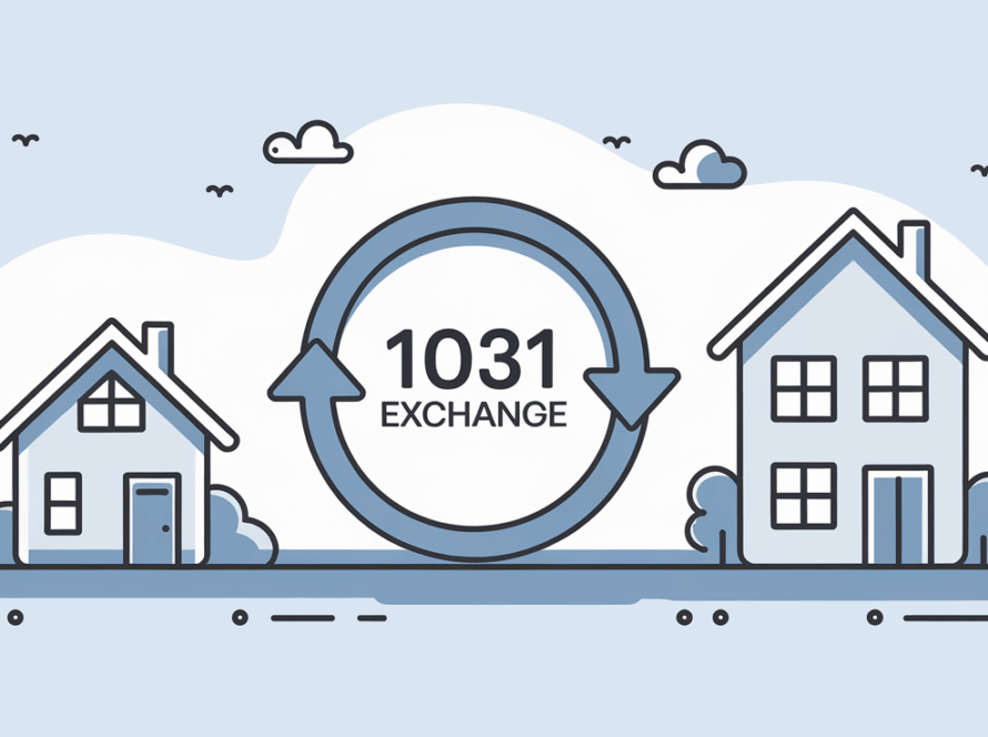 Line art of two houses connected by an arrow with the text "1031 Exchange."