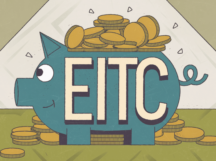 A blue piggy bank overflowing with gold coins, labeled "EITC."