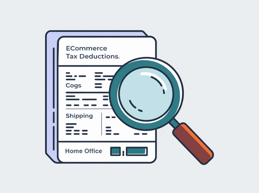 Line art of a magnifying glass inspecting an invoice with tax deductions.