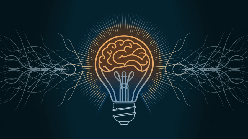 A glowing light bulb with a brain-shaped filament against a network of lines.