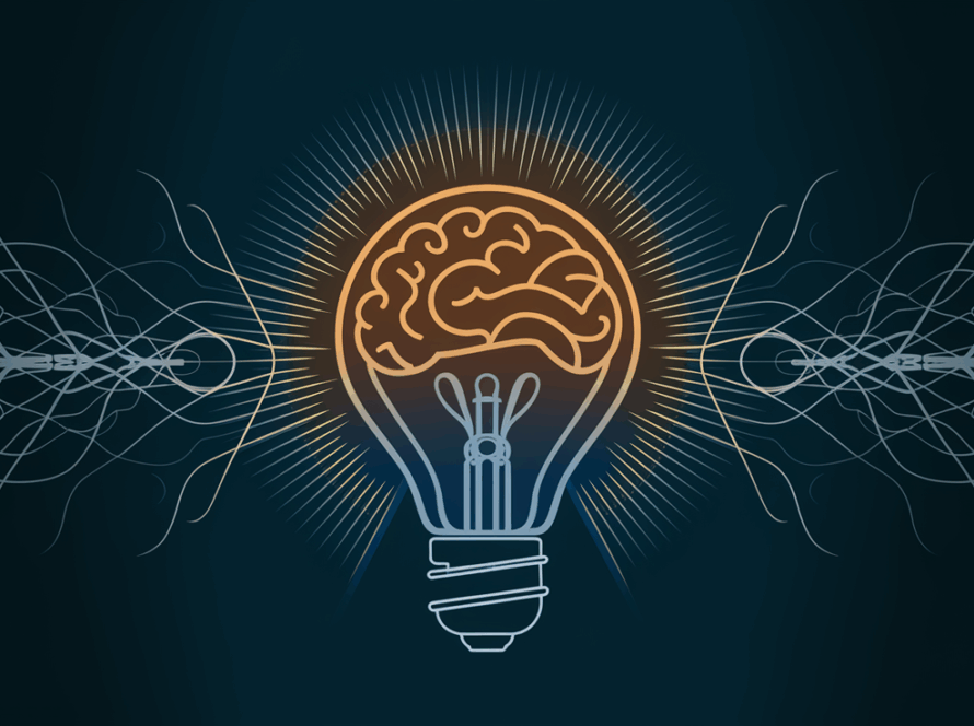 A glowing light bulb with a brain-shaped filament against a network of lines.