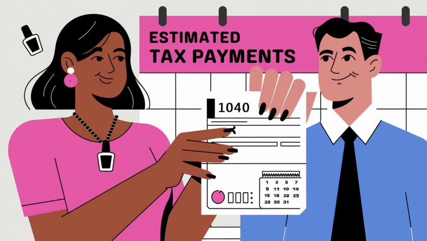 Advertising illustration of a nail salon owner submitting a tax form.