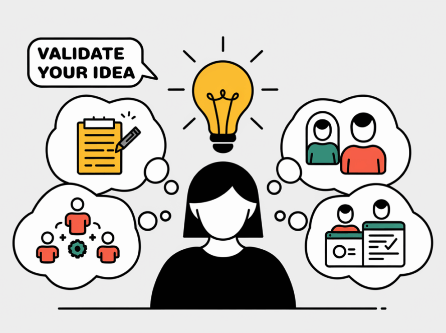 Line art of a person with a lightbulb and thought bubbles representing idea validation