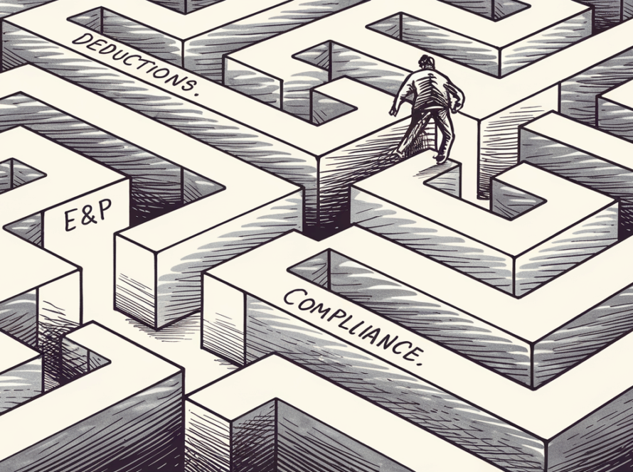 An ink illustration of a maze with pathways representing different aspects of C-Corp taxation, such as "Deductions," "E&P," "Dividends," and "Compliance."