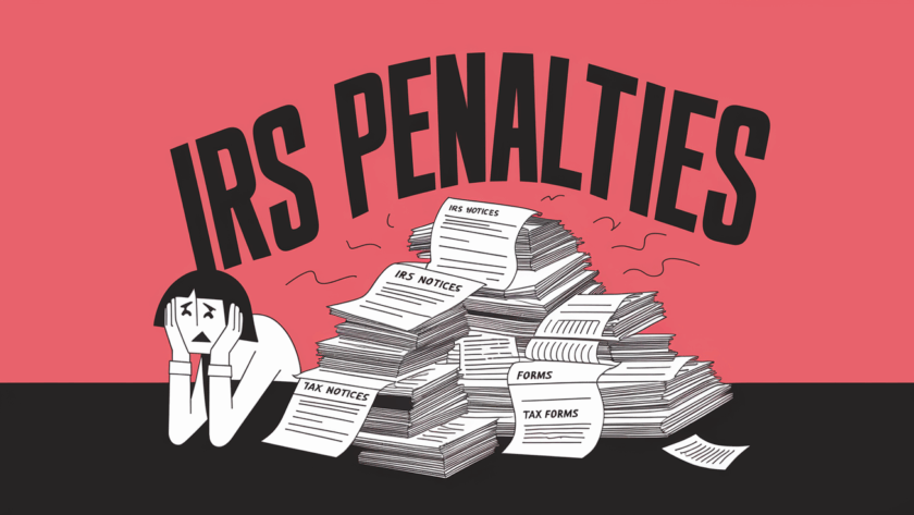 A person overwhelmed by IRS notices and tax forms.