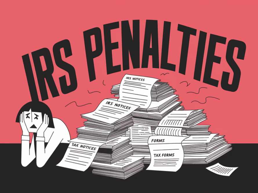 A person overwhelmed by IRS notices and tax forms.