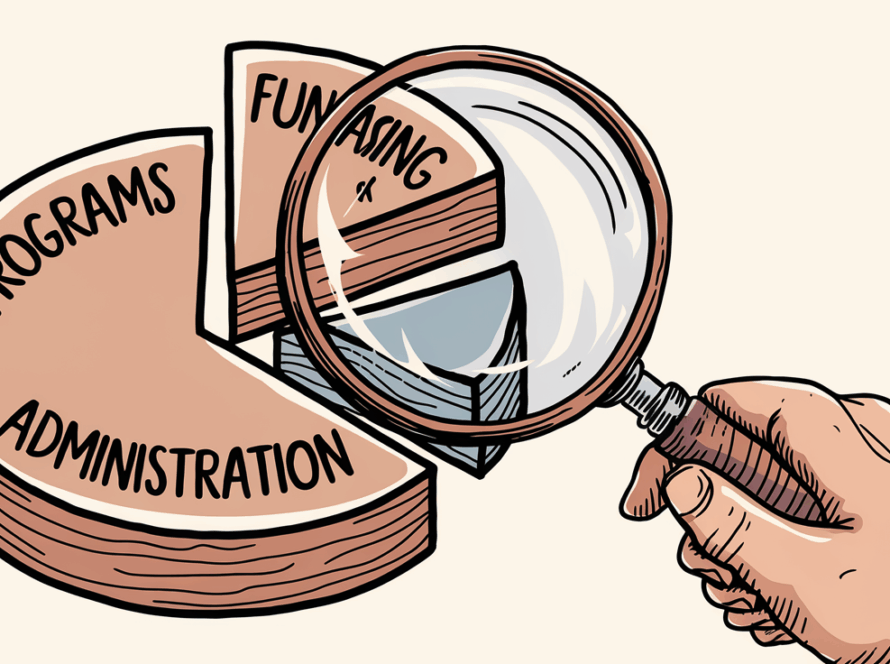 A hand-drawn magnifying glass inspecting a pie chart representing fund allocation in a nonprofit, symbolizing the importance of transparency and accountability.
