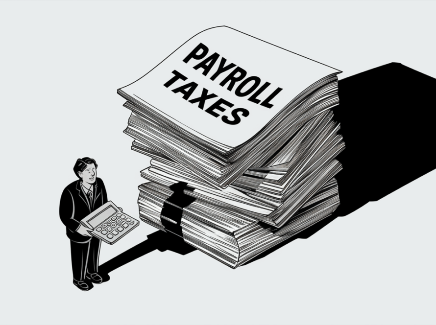 A block illustration showing a person overwhelmed by a large stack of paperwork labeled "Payroll Taxes."