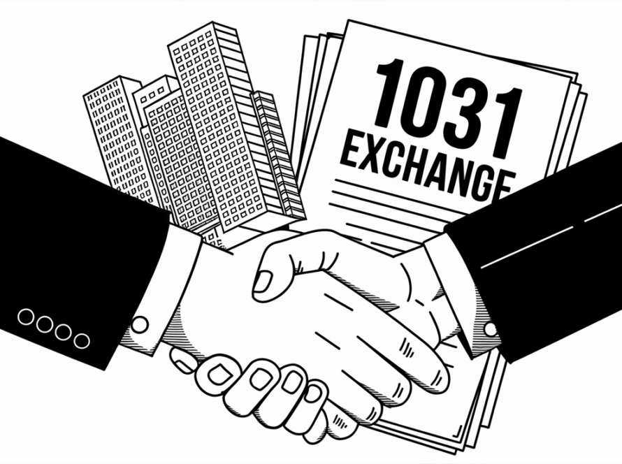 Two people shaking hands, one holding a building, the other a "1031 Exchange document".