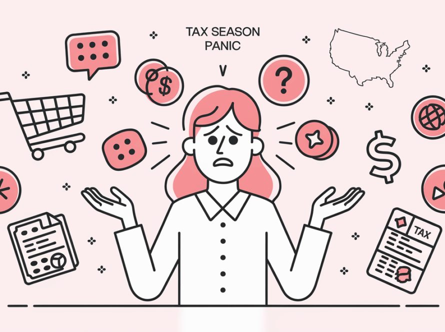 Line art of a stressed person surrounded by online selling and tax icons