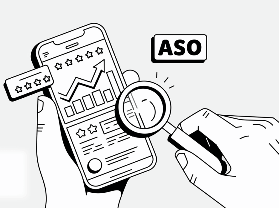 Line art of a hand holding a smartphone with an app store page and elements representing ASO