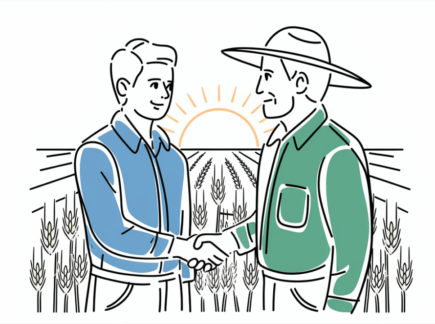 Line art drawing of two farmers shaking hands in a field.