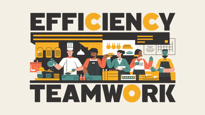 Block illustration of a busy restaurant with staff working efficiently.