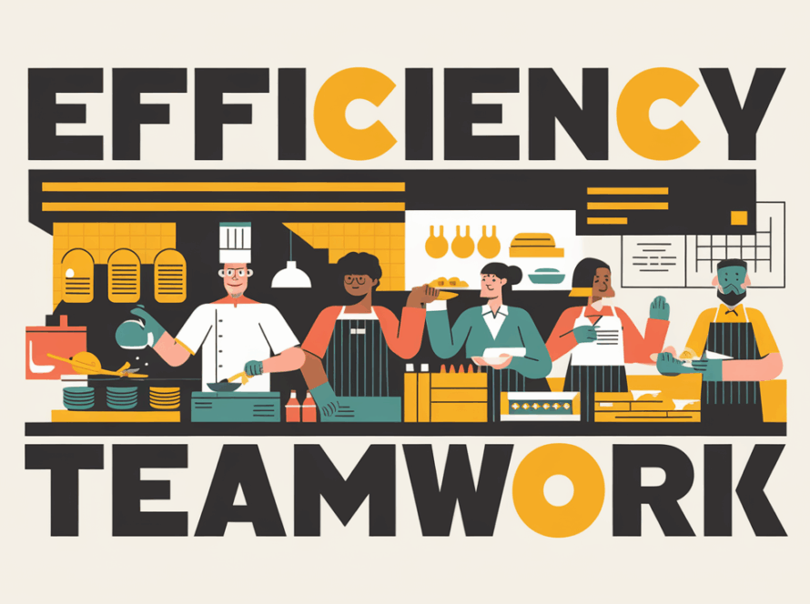 Block illustration of a busy restaurant with staff working efficiently.