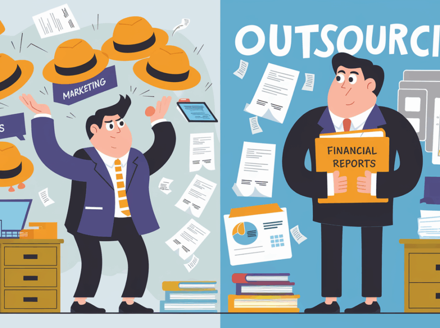 Block illustration of a stressed business owner contrasted with a calm accountant, representing the benefits of outsourcing accounting.