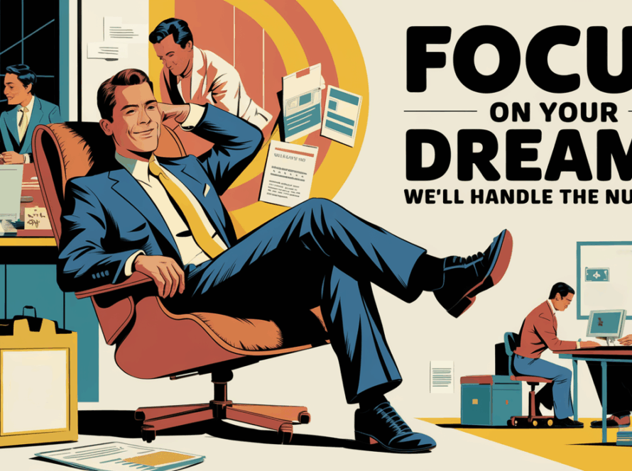 A vintage-style illustration of a relaxed business owner with accountants working in the background.