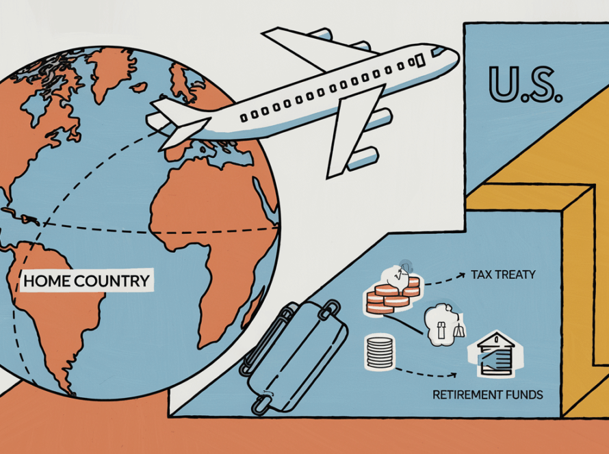 A globe with an airplane flying from "Home Country" to "U.S." carrying a suitcase with "Assets," "Tax Treaty," and "Retirement Funds."