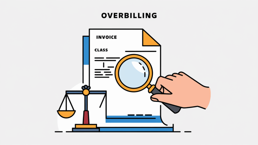 Line art of a magnifying glass inspecting an invoice with inflated numbers and an unbalanced scale, representing overbilling