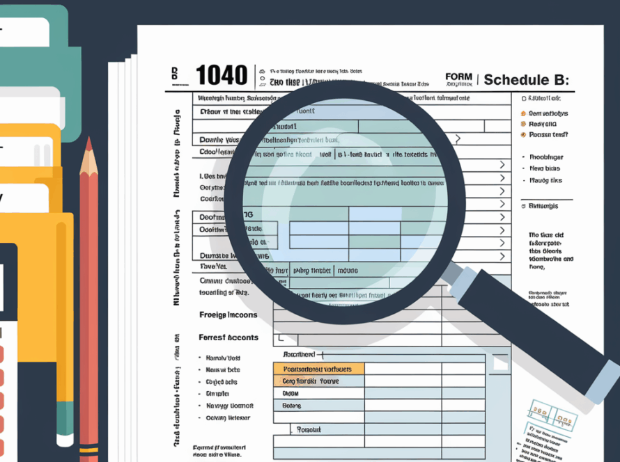 A stylized block illustration of Schedule B with a magnifying glass highlighting the "Foreign Accounts" section.