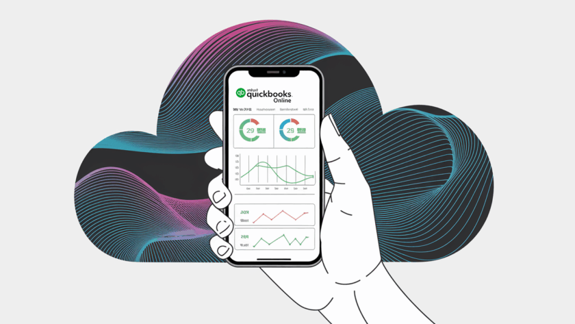 Line art of a hand holding a phone with QuickBooks Online dashboard.