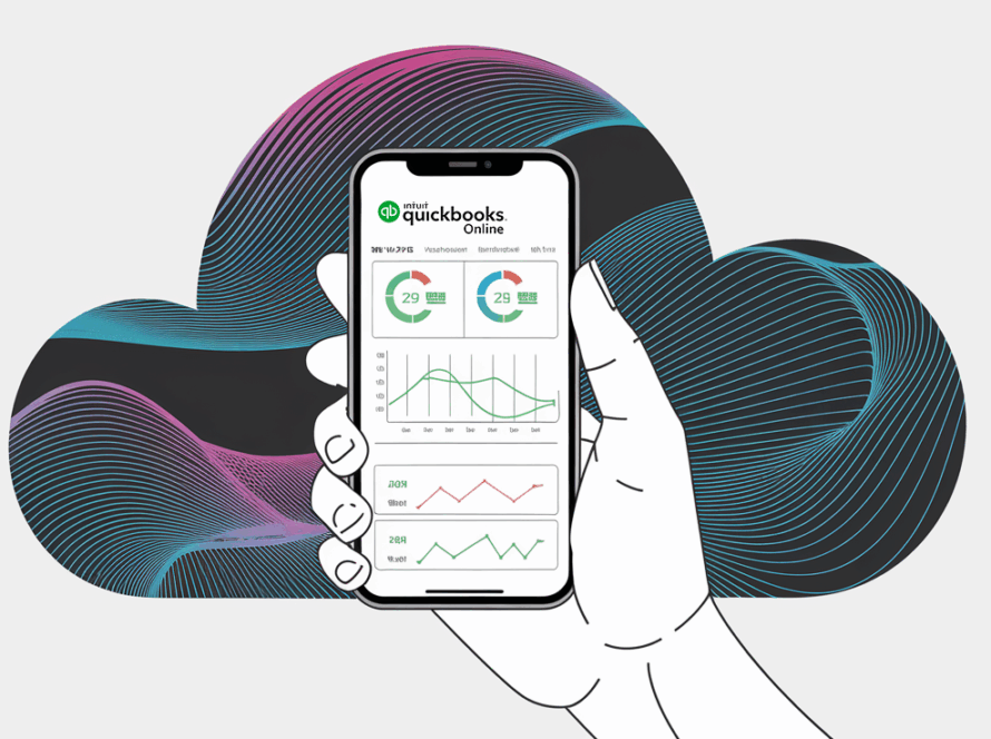 Line art of a hand holding a phone with QuickBooks Online dashboard.