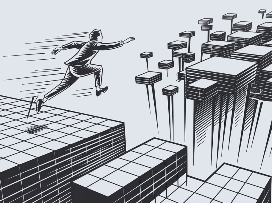 Line art of a person leaping from a structured grid towards freeform platforms