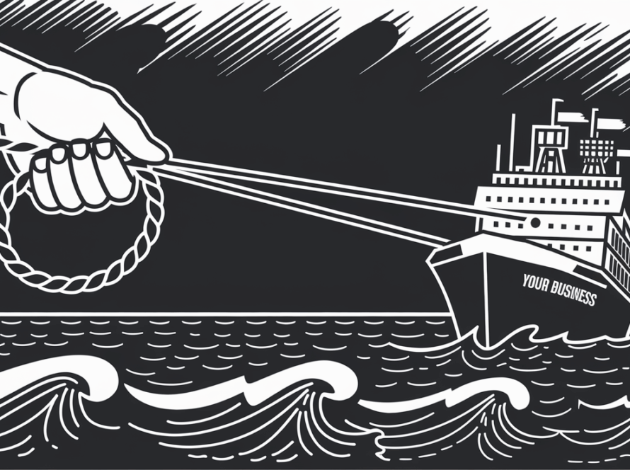 Line art of a hand holding a lifeline to a sinking ship.
