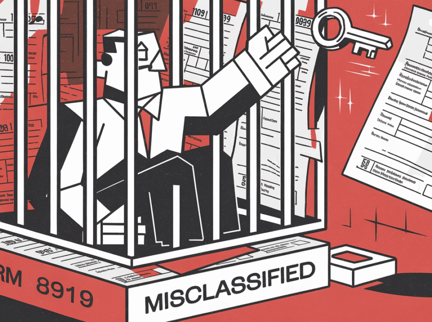 A worker trapped in a cage of tax forms reaching for a key labeled "Form 8919.