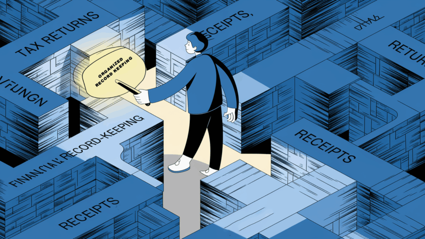 A person navigating a maze of documents using a key labeled "Organized Record-Keeping."