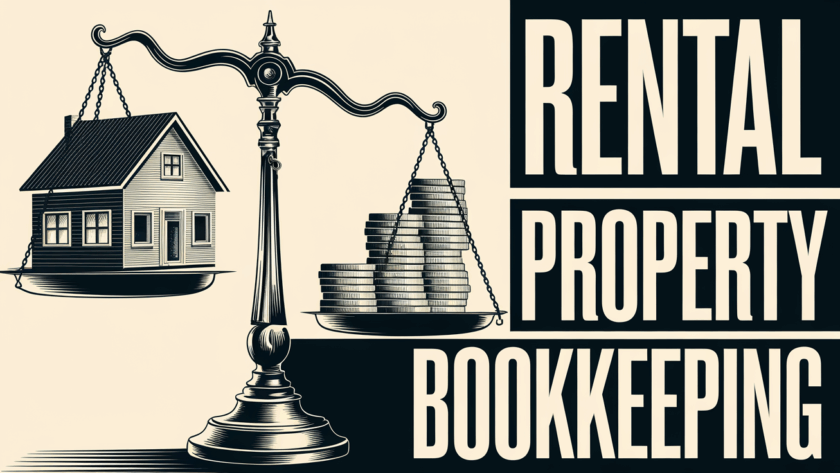 A vintage illustration of a scale balancing a house and coins, with the text "Rental Property Bookkeeping."