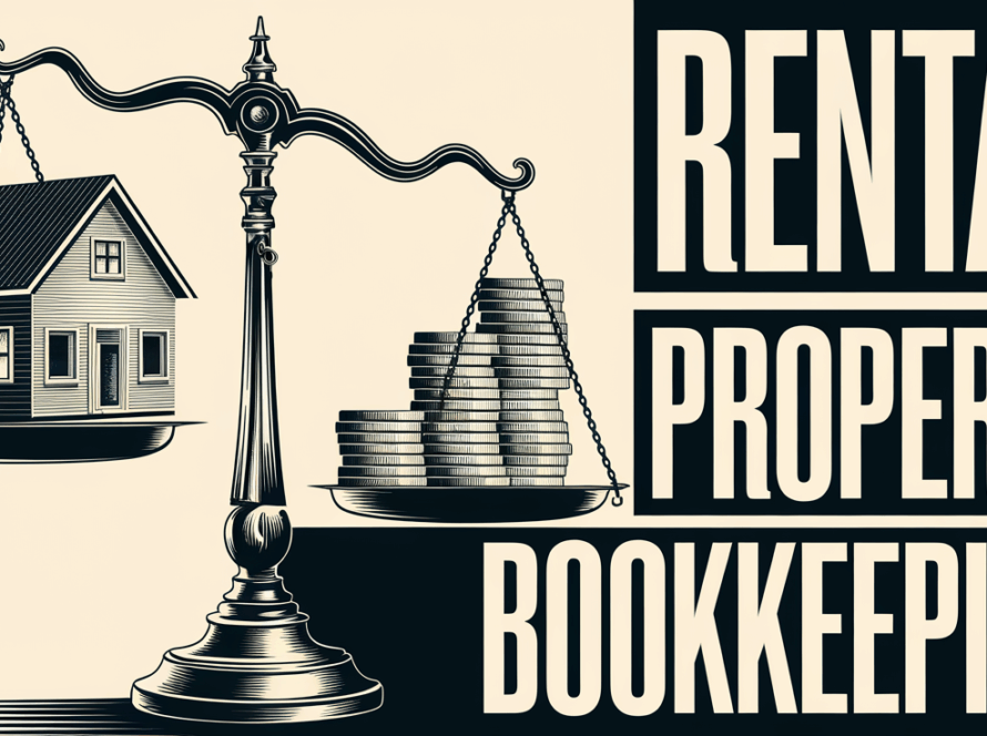 A vintage illustration of a scale balancing a house and coins, with the text "Rental Property Bookkeeping."