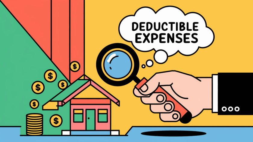 A landlord examines a rental property with a magnifying glass, symbolizing tax scrutiny.