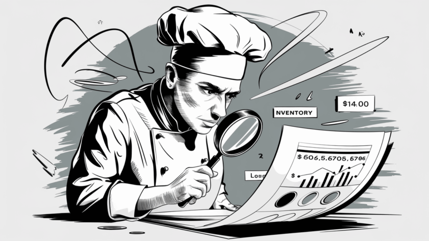A chef carefully examines a balance sheet report.