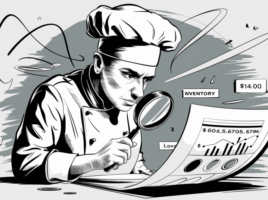 A chef carefully examines a balance sheet report.
