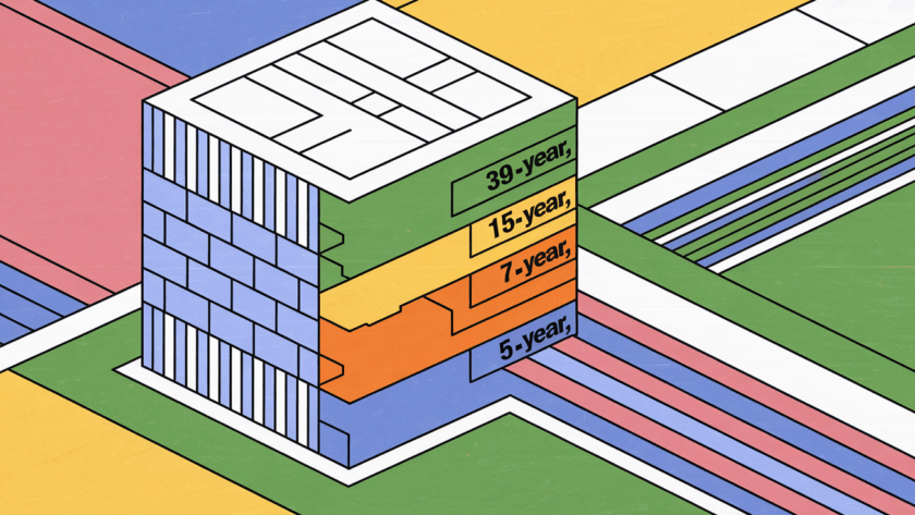A stylized building divided into layers, each labeled with a different depreciation timeline.