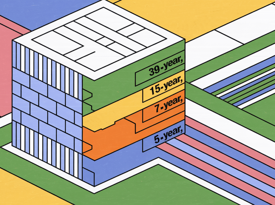A stylized building divided into layers, each labeled with a different depreciation timeline.