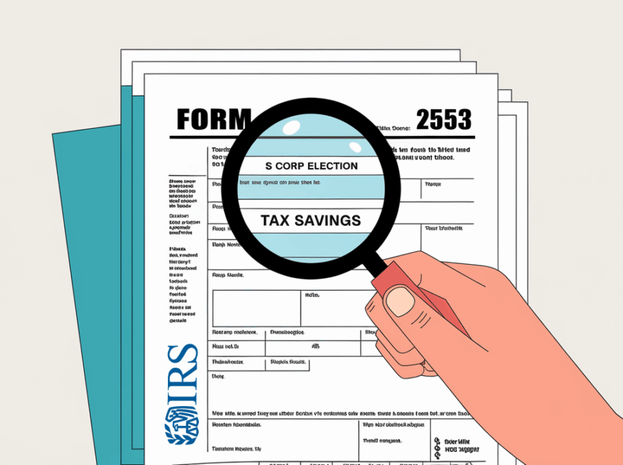 A hand holding a magnifying glass over a stylized Form 2553.