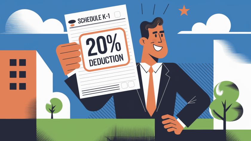 Business owner holding "Schedule K-1" with "20% QBI Deduction" highlighted.