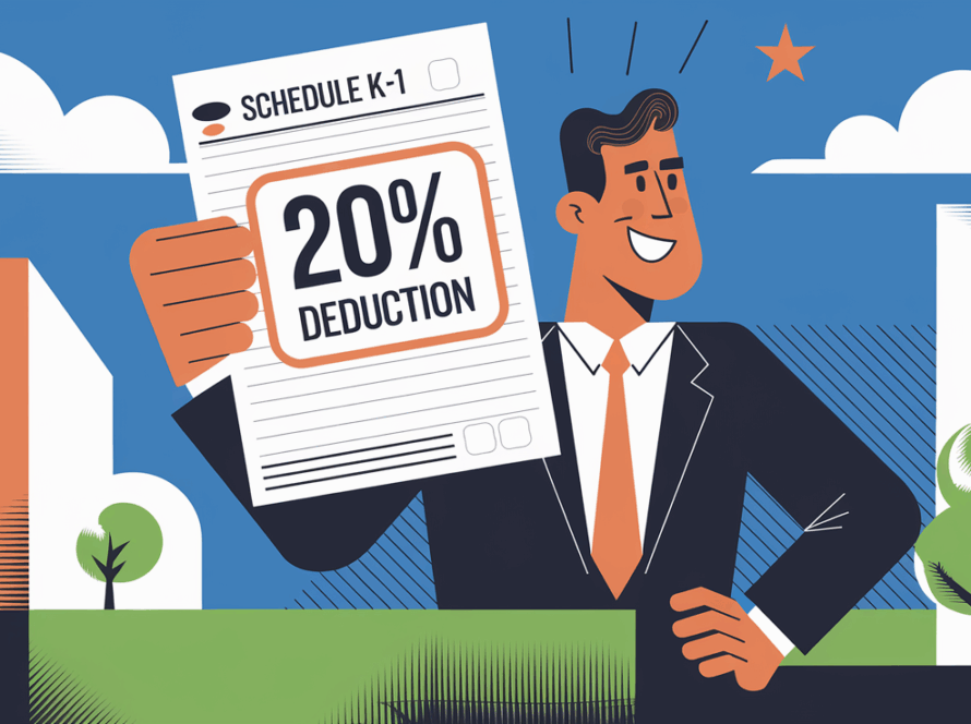 Business owner holding "Schedule K-1" with "20% QBI Deduction" highlighted.