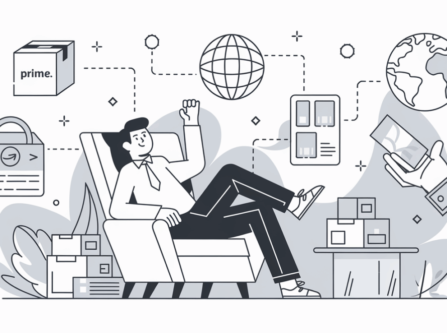Line art of a relaxed person surrounded by icons representing Amazon FBA benefits.