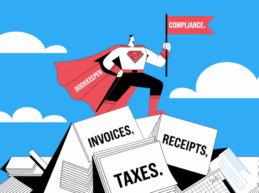 A superhero labeled "Bookkeeper" standing on a mountain of paperwork.