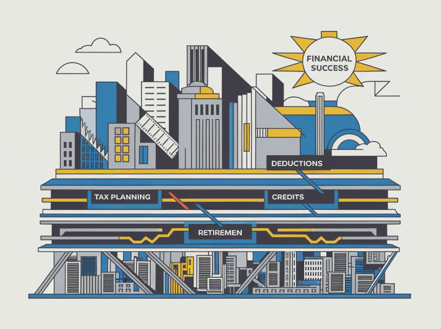 A stylized city skyline representing various tax planning strategies.