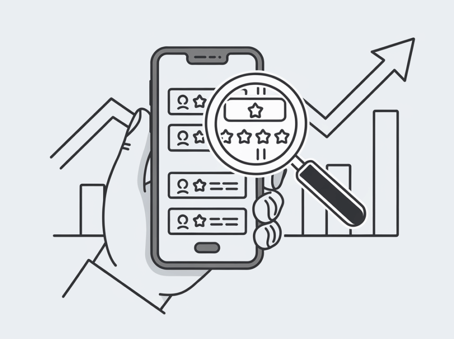 Line art of a hand holding a phone with positive reviews, and a rising line graph.