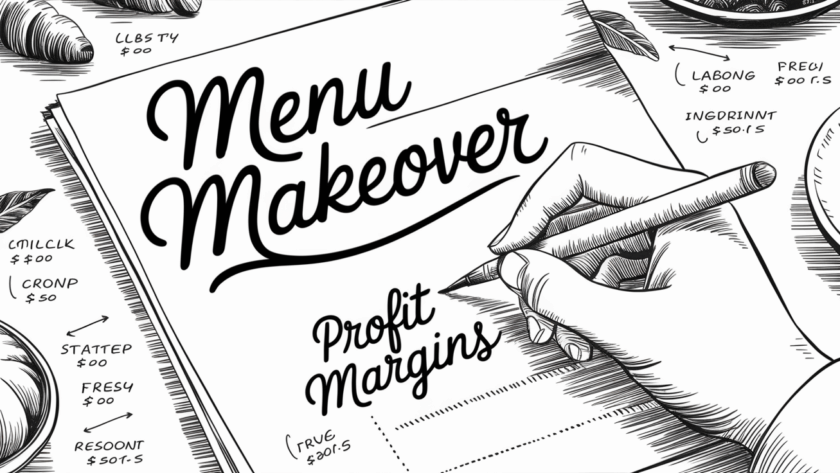 Ink illustration of a hand writing a restaurant menu surrounded by detailed drawings of ingredients and their costs, emphasizing the connection between menu planning and COGS.