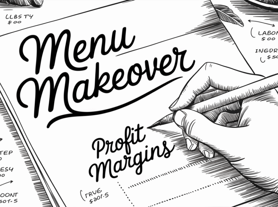 Ink illustration of a hand writing a restaurant menu surrounded by detailed drawings of ingredients and their costs, emphasizing the connection between menu planning and COGS.