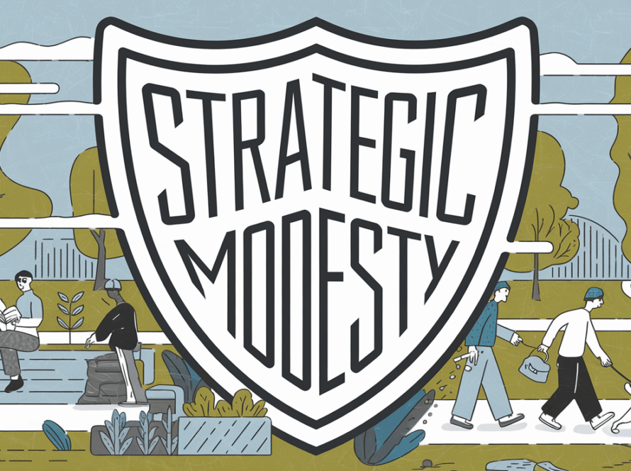 A shield protecting people, with the words "Strategic Modesty."